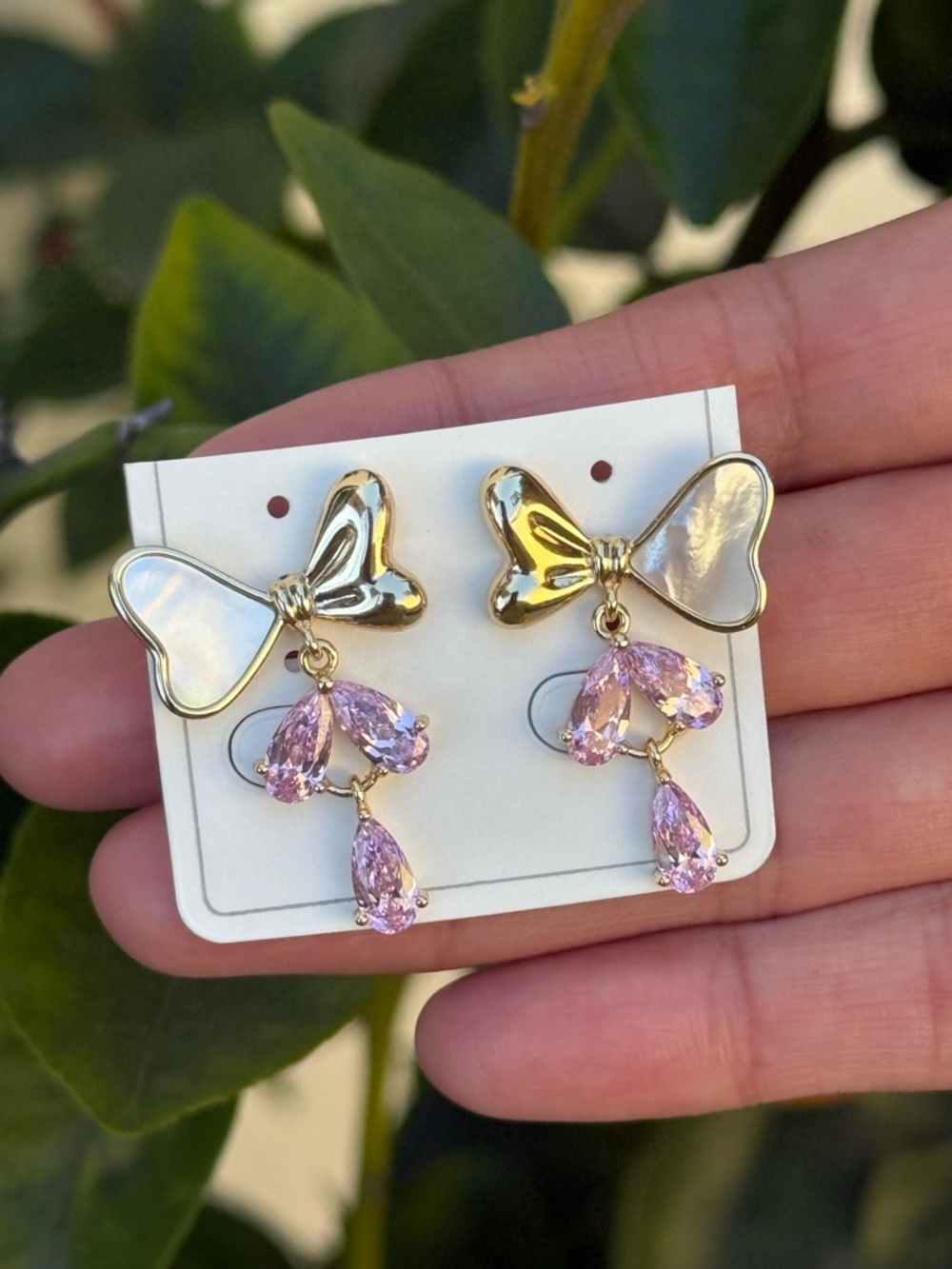 Gold Butterfly Drop Earrings with Pink Crystals